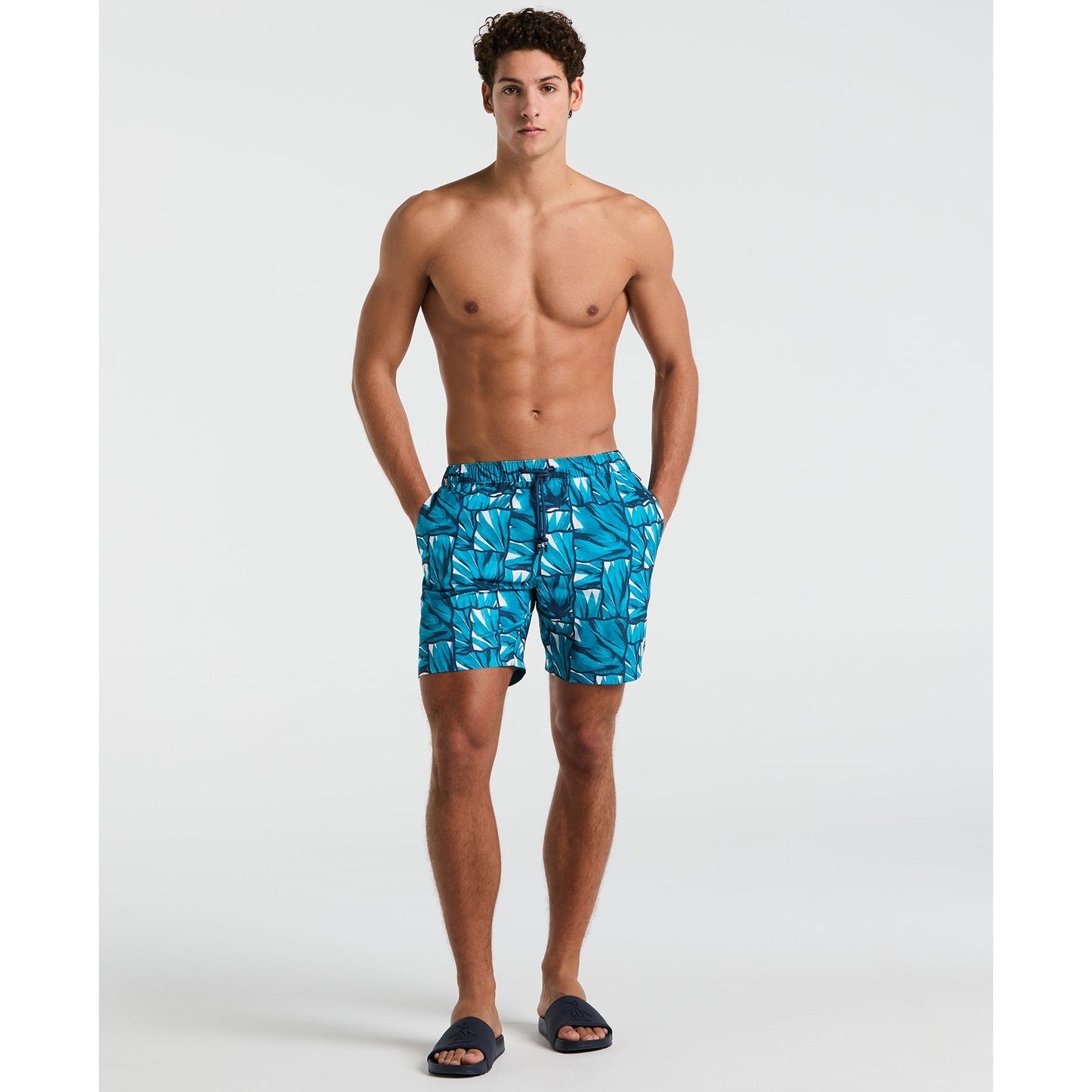 Original Penguin 7" Agave Tile Print Swim Shorts In Exotic Plume(7 Agave Tile Print Swim Shorts Blue Opsm2506gp 495)