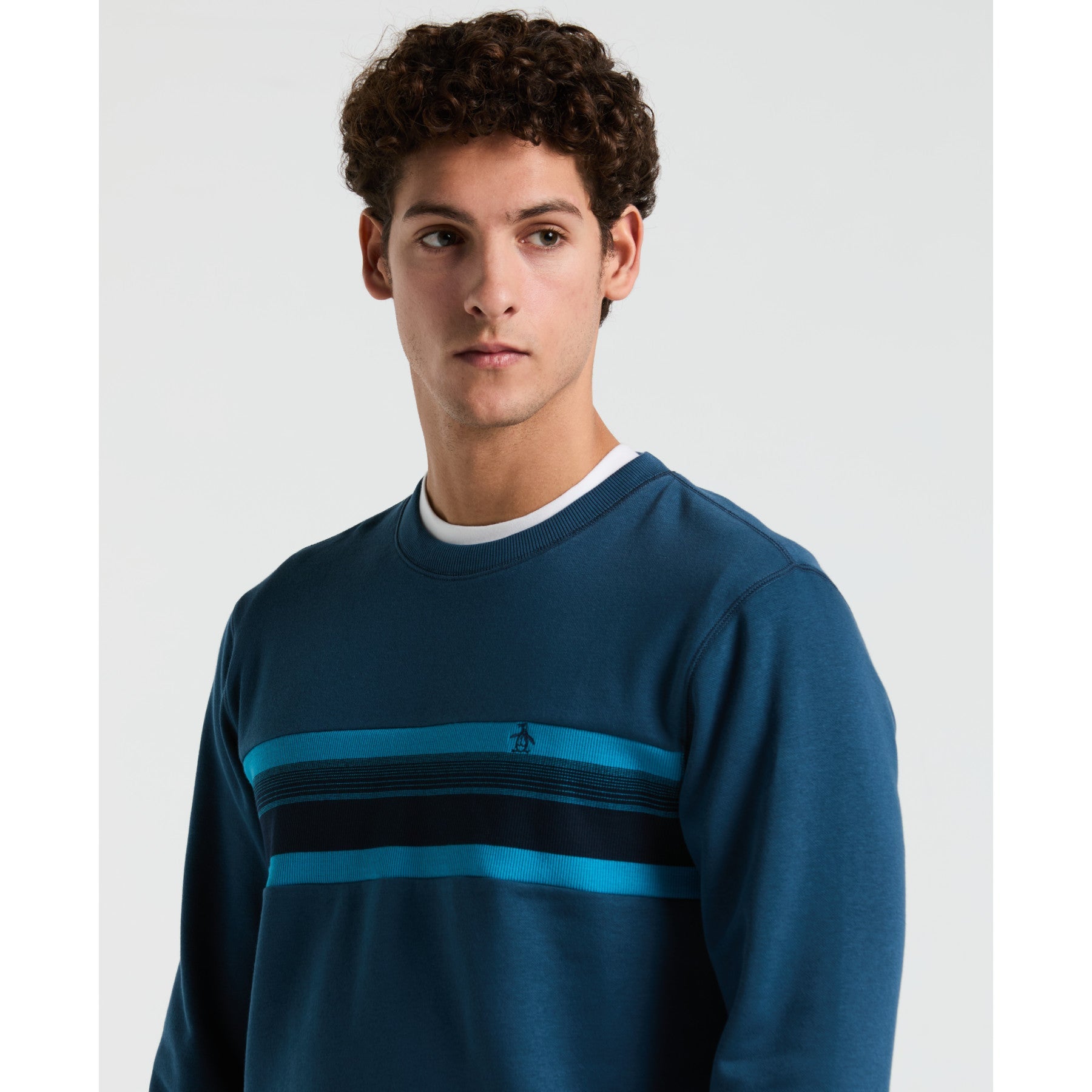 Original Penguin Fleece Chest Stripe Crew Neck Sweater In Blue Wing Teal(Fleece Chest Stripe Crew Neck Sweater Blue Ocks2500gp 415)