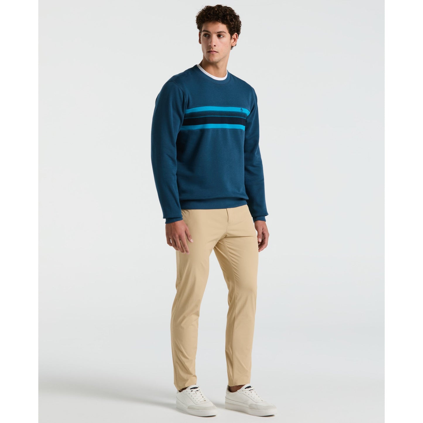 Original Penguin Fleece Chest Stripe Crew Neck Sweater In Blue Wing Teal(Fleece Chest Stripe Crew Neck Sweater Blue Ocks2500gp 415)