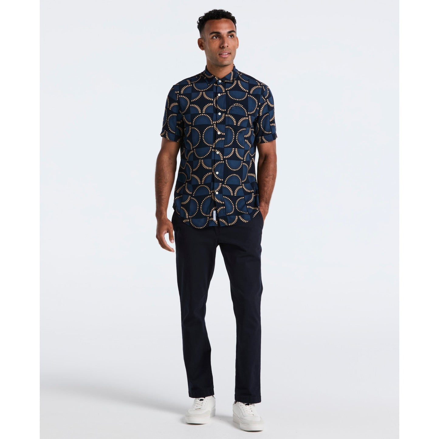 Original Penguin Fan Print Short Sleeve Shirt In Dark Sapphire(Fan Print Short Sleeve Shirt Blue Ocwf2519gp 413)
