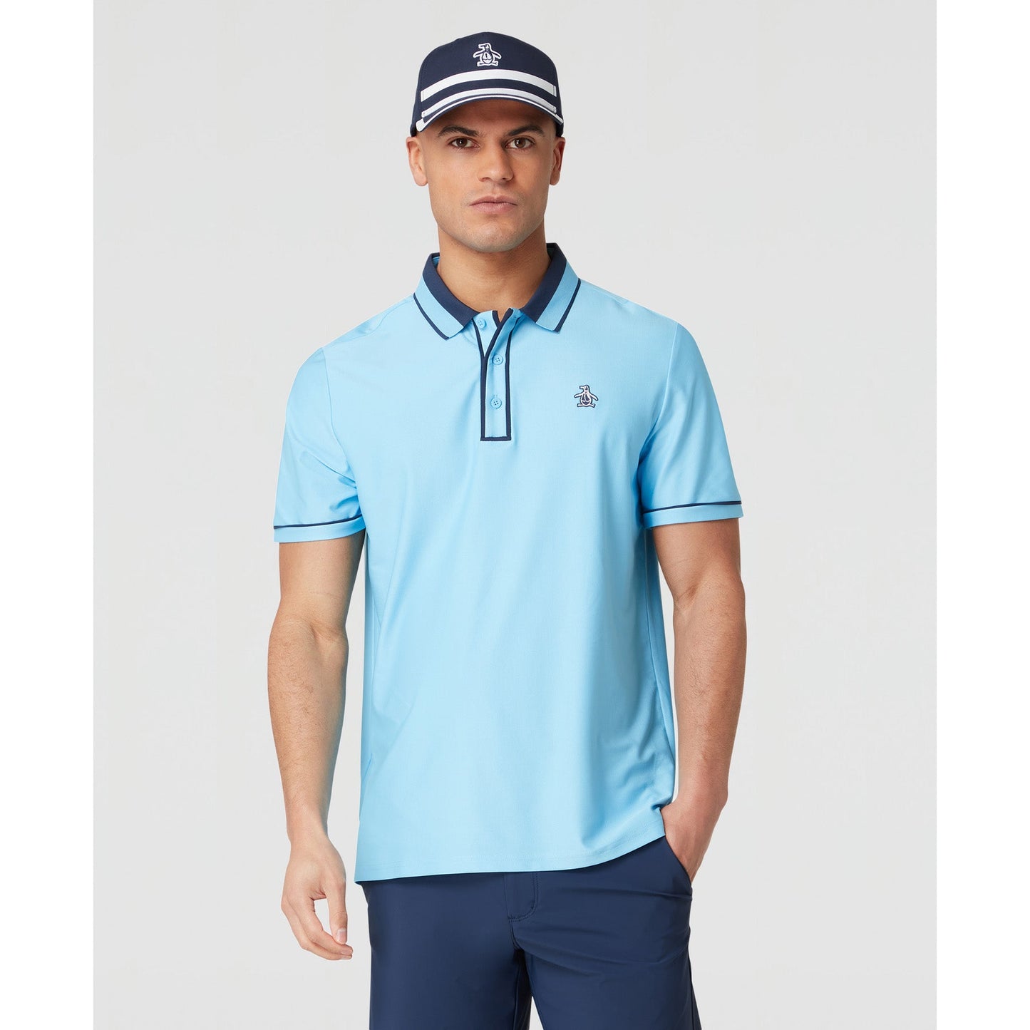 Original Penguin Ribbed Earl Blocked Golf Polo Shirt In Blue Grotto(Ribbed Earl Blocked Golf Polo Shirt Blue Ogksf016gg 457)