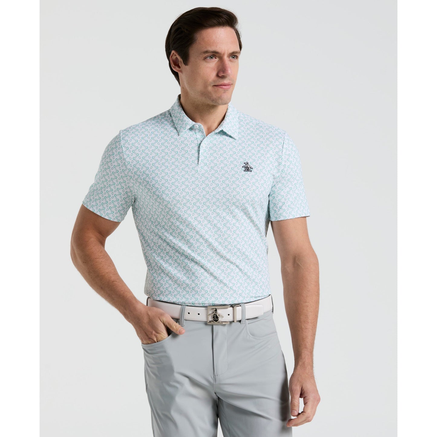 Original Penguin All Over Lifesaver Print Golf Polo Shirt In Bright White(All Over Lifesaver Print Golf Polo Shirt White Ogksf018gg 118)