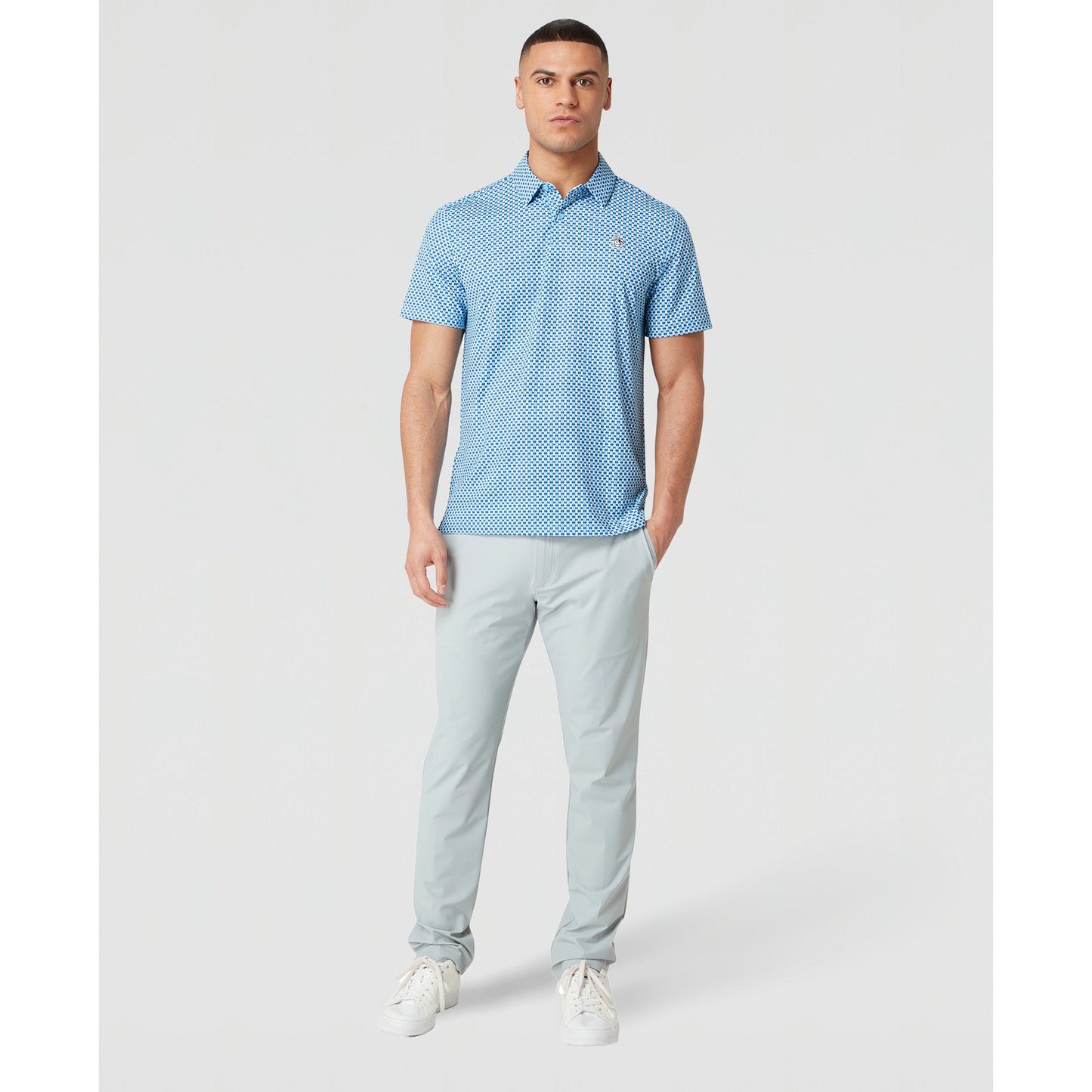Original Penguin All Over Pete's Bowtie Micro Print Golf Polo Shirt In Blue Grotto(All Over Petes Bowtie Micro Print Golf Polo Shirt Blue Ogksf031gg 457)