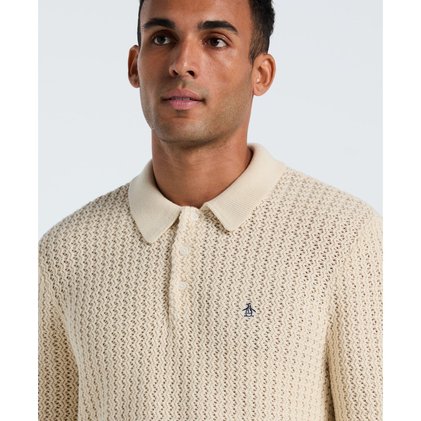 Original Penguin Zigzag Stitch Long Sleeve Sweater Polo In Birch(Zigzag Stitch Long Sleeve Sweater Polo Beige Opgf2502gp 252)