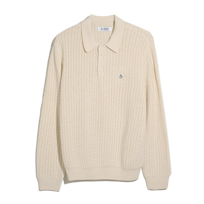 Original Penguin Zigzag Stitch Long Sleeve Sweater Polo In Birch(Zigzag Stitch Long Sleeve Sweater Polo Beige Opgf2502gp 252)