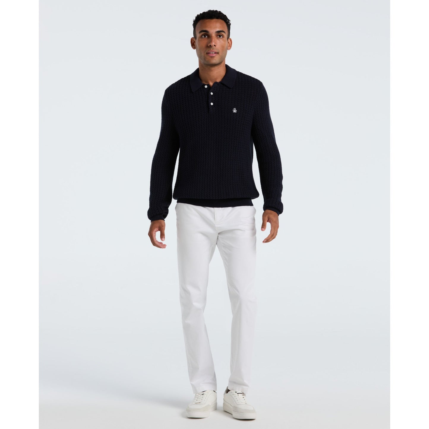 Original Penguin Zigzag Stitch Long Sleeve Sweater Polo In Dark Sapphire(Zigzag Stitch Long Sleeve Sweater Polo Blue Opgf2502gp 413)
