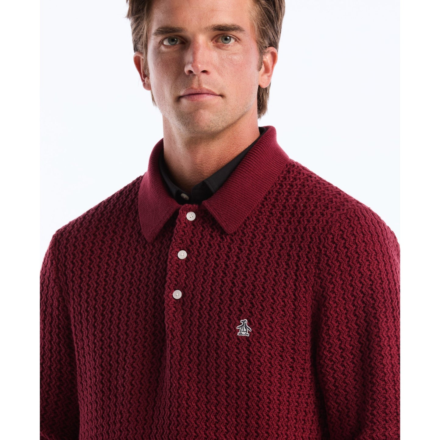 Original Penguin Zigzag Stitch Long Sleeve Sweater Polo In Cabernet(Zigzag Stitch Long Sleeve Sweater Polo Red Opgf2502gp 605)