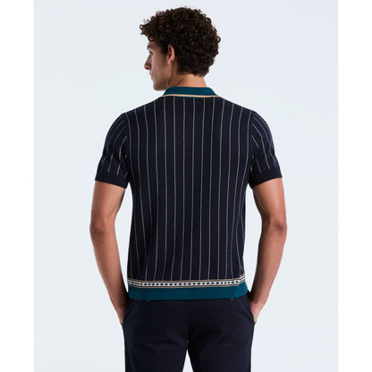 Original Penguin Striped Button Front Sweater Polo In Dark Sapphire(Striped Button Front Sweater Polo Blue Opgf2508gp 413)