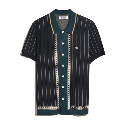 Original Penguin Striped Button Front Sweater Polo In Dark Sapphire(Striped Button Front Sweater Polo Blue Opgf2508gp 413)
