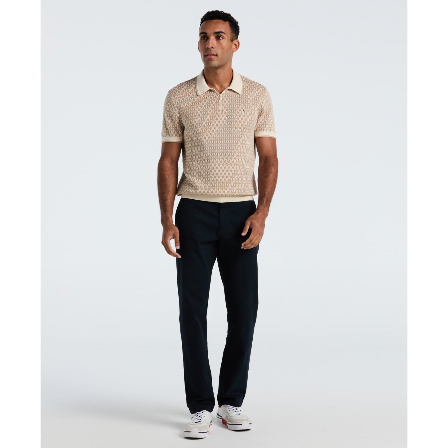 Original Penguin Geometric Jacquard 1/4 Zip Sweater Polo In Birch(Geometric Jacquard 1 4 Zip Sweater Polo Beige Opgf2509gp 252)