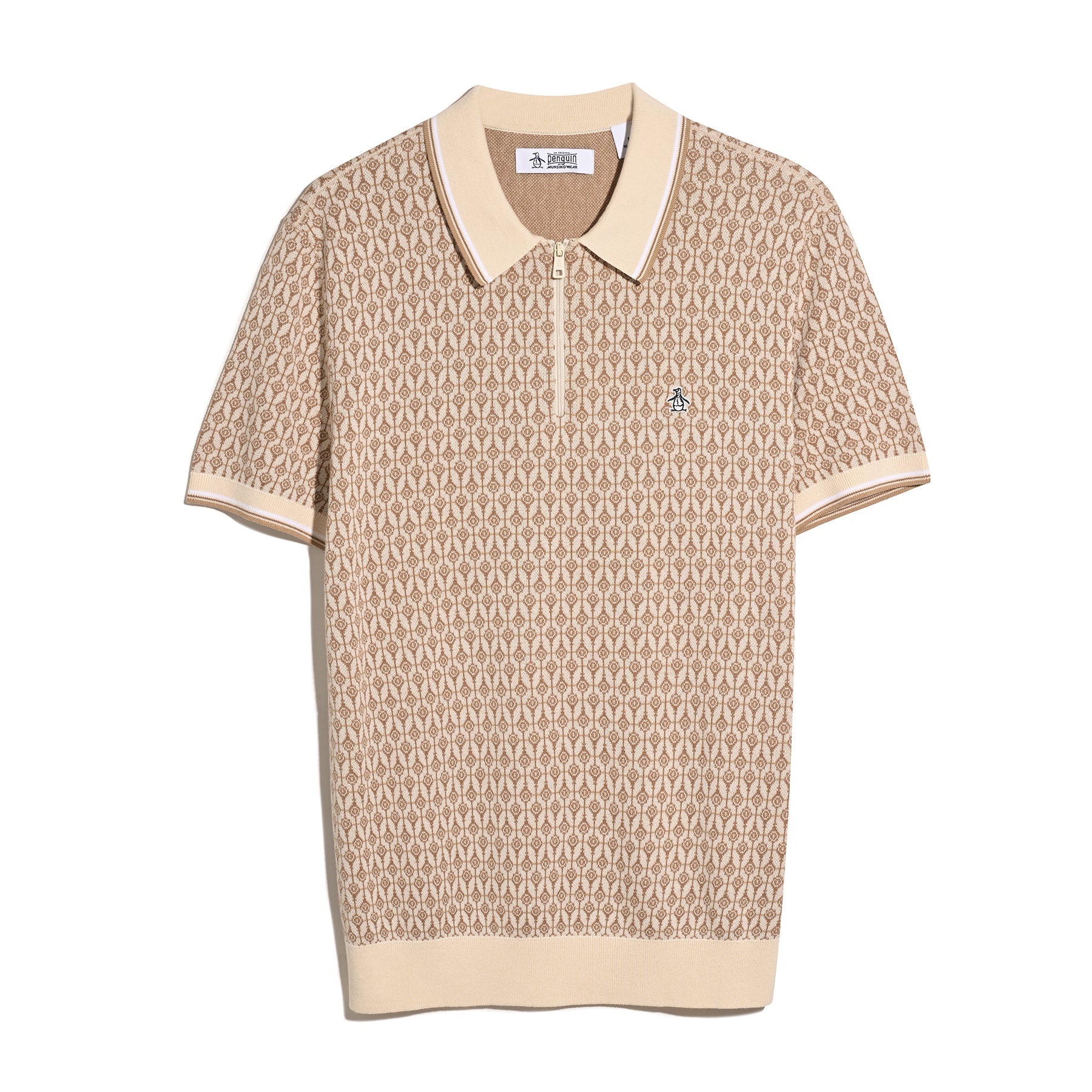 Original Penguin Geometric Jacquard 1/4 Zip Sweater Polo In Birch(Geometric Jacquard 1 4 Zip Sweater Polo Beige Opgf2509gp 252)
