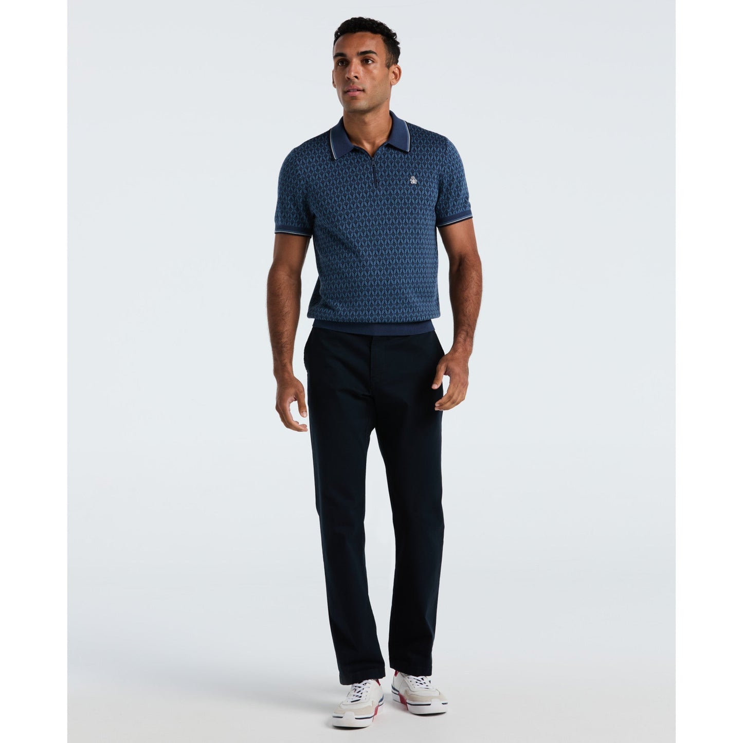 Original Penguin Geometric Jacquard 1/4 Zip Sweater Polo In Sargasso Sea(Geometric Jacquard 1 4 Zip Sweater Polo Blue Opgf2509gp 485)