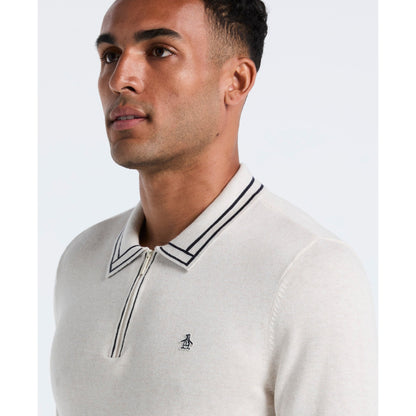 Original Penguin Tipped Quarter Zip Long Sleeve Sweater Polo In Birch Heather(Tipped Quarter Zip Long Sleeve Sweater Polo Beige Opgf2510gp 110)