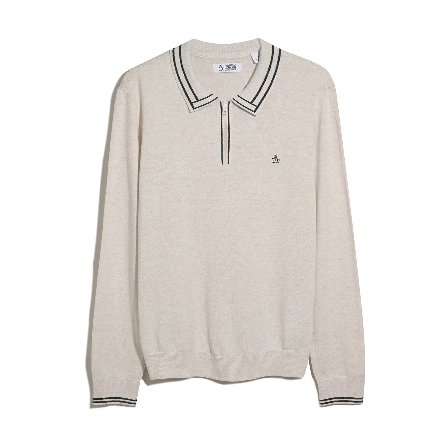Original Penguin Tipped Quarter Zip Long Sleeve Sweater Polo In Birch Heather(Tipped Quarter Zip Long Sleeve Sweater Polo Beige Opgf2510gp 110)