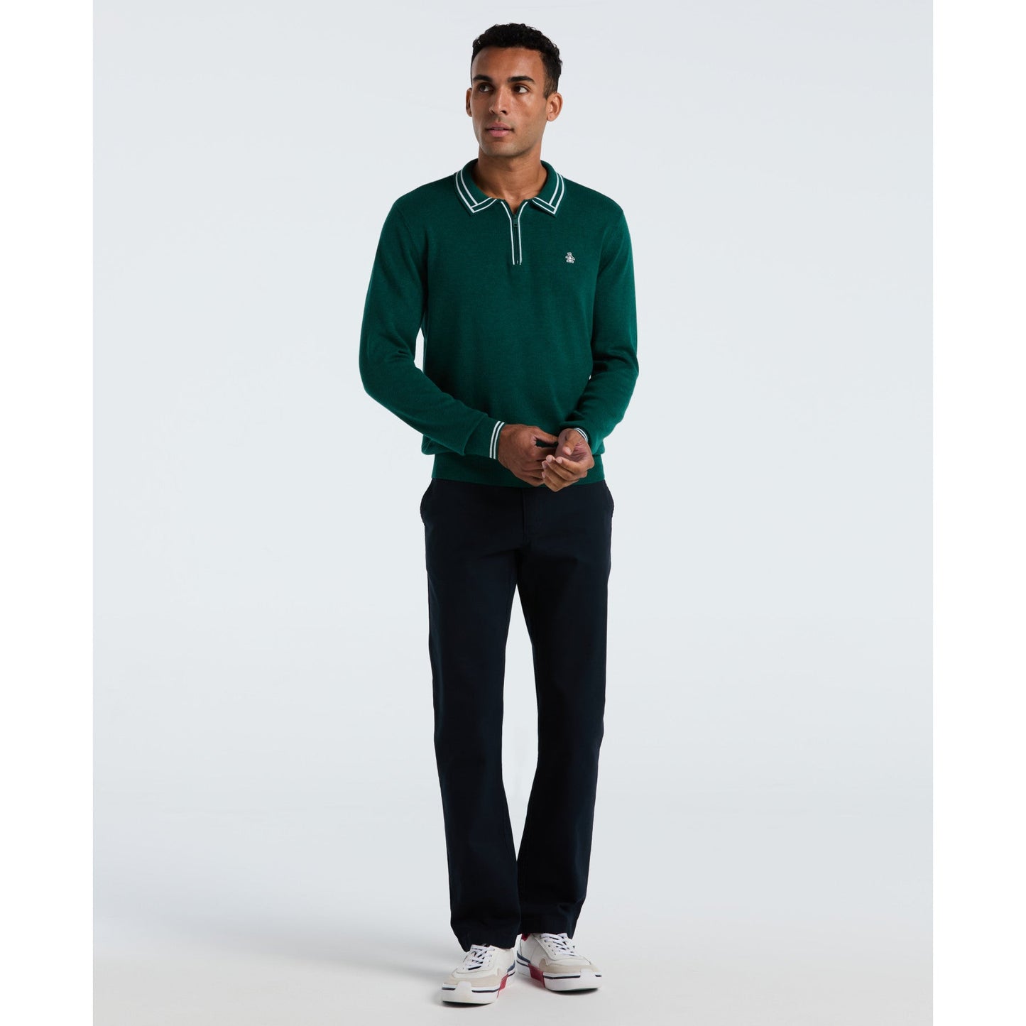 Original Penguin Tipped Quarter Zip Long Sleeve Sweater Polo In Botanical Green Heather(Tipped Quarter Zip Long Sleeve Sweater Polo Green Opgf2510gp 394)