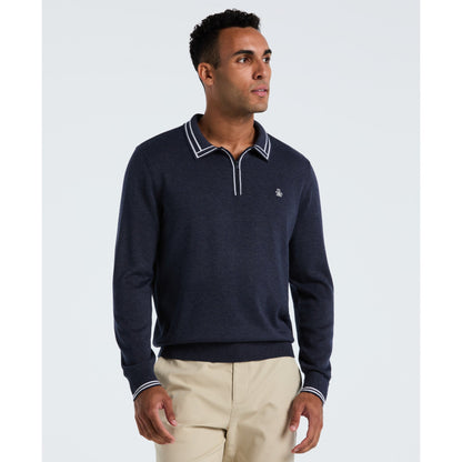 Original Penguin Tipped Quarter Zip Long Sleeve Sweater Polo In Dark Sapphire Heather(Tipped Quarter Zip Long Sleeve Sweater Polo Blue Opgf2510gp 478)