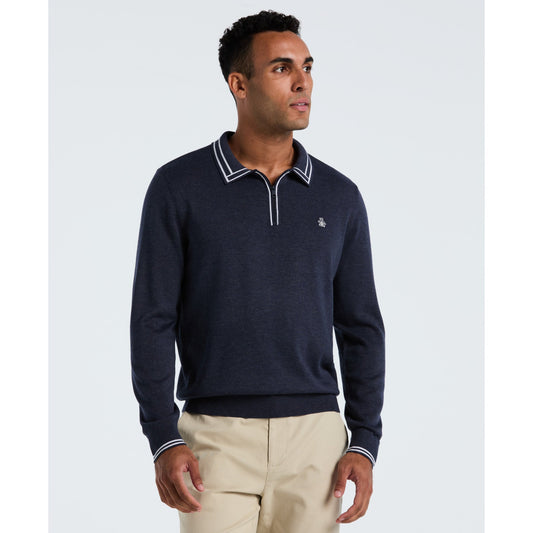Original Penguin Tipped Quarter Zip Long Sleeve Sweater Polo In Dark Sapphire Heather(Tipped Quarter Zip Long Sleeve Sweater Polo Blue Opgf2510gp 478)