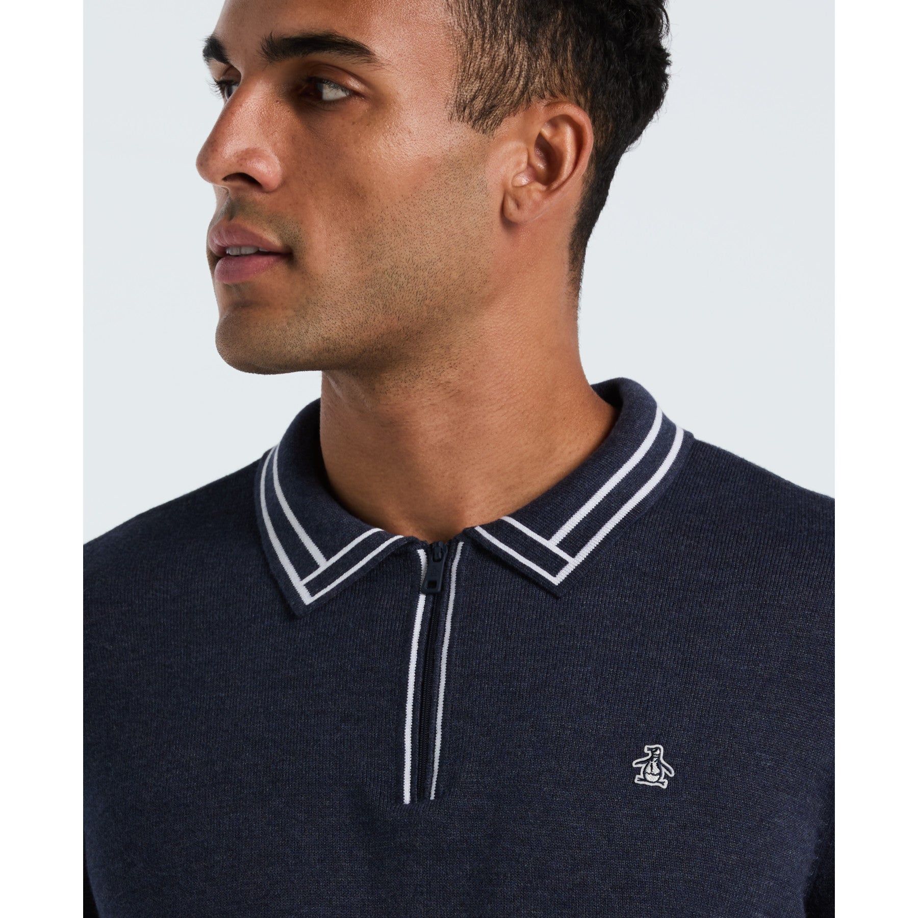 Original Penguin Tipped Quarter Zip Long Sleeve Sweater Polo In Dark Sapphire Heather(Tipped Quarter Zip Long Sleeve Sweater Polo Blue Opgf2510gp 478)