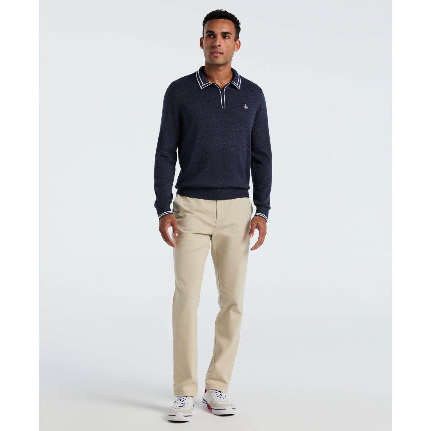 Original Penguin Tipped Quarter Zip Long Sleeve Sweater Polo In Dark Sapphire Heather(Tipped Quarter Zip Long Sleeve Sweater Polo Blue Opgf2510gp 478)