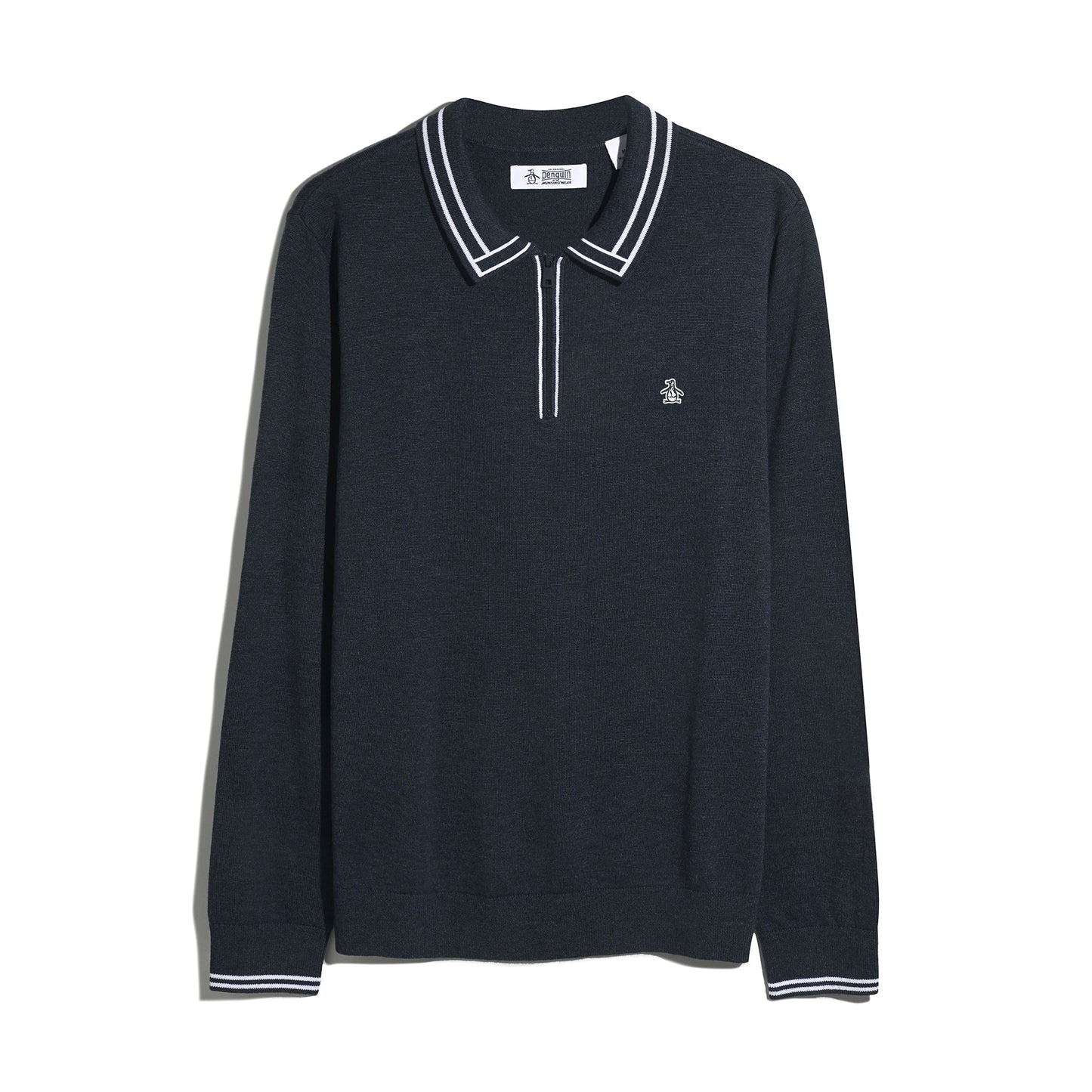 Original Penguin Tipped Quarter Zip Long Sleeve Sweater Polo In Dark Sapphire Heather(Tipped Quarter Zip Long Sleeve Sweater Polo Blue Opgf2510gp 478)