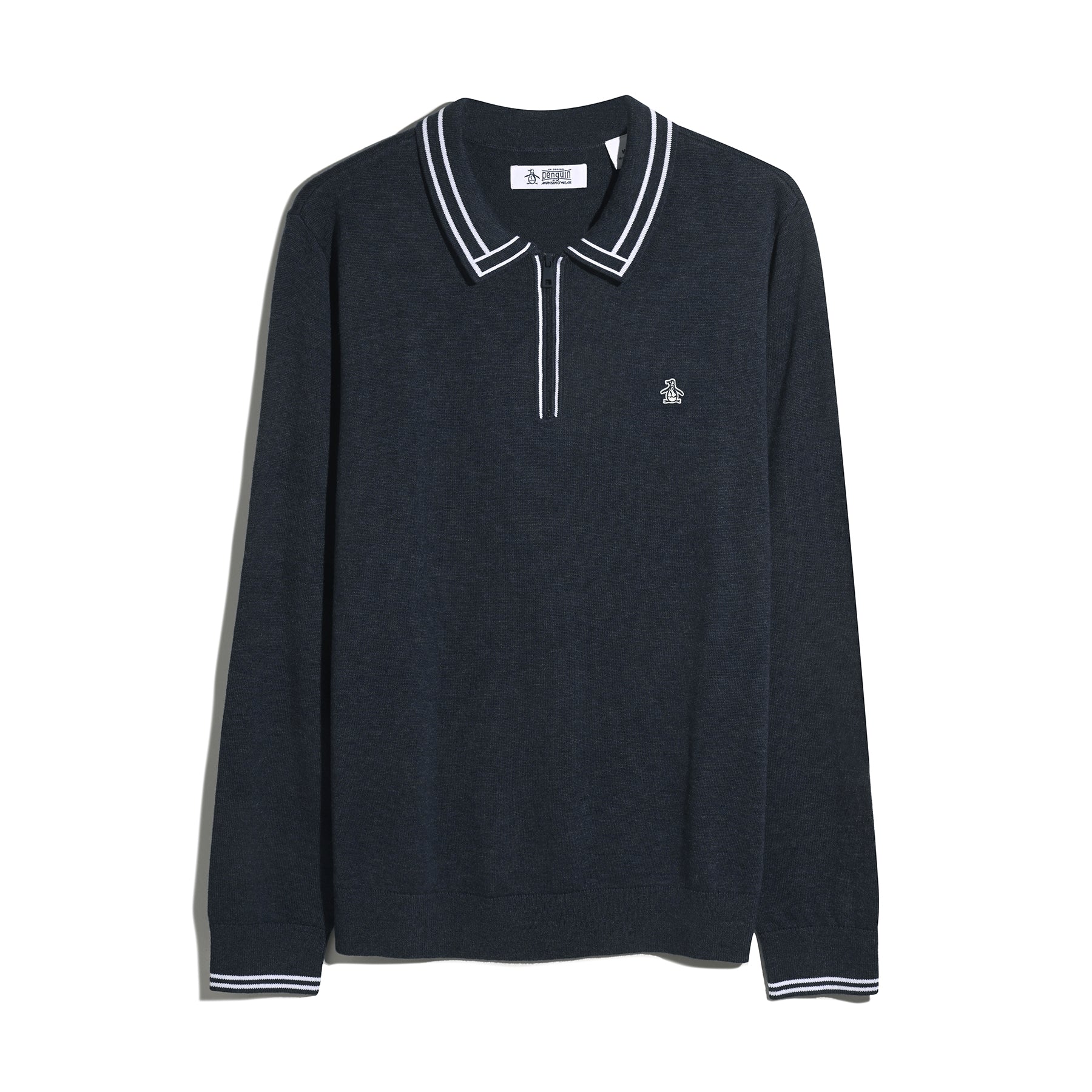 Original Penguin Tipped Quarter Zip Long Sleeve Sweater Polo In Dark Sapphire Heather(Tipped Quarter Zip Long Sleeve Sweater Polo Blue Opgf2510gp 478)