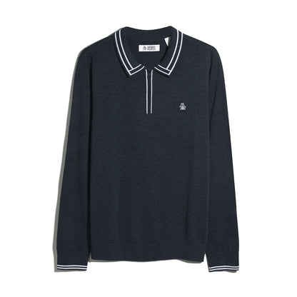Original Penguin Tipped Quarter Zip Long Sleeve Sweater Polo In Dark Sapphire Heather(Tipped Quarter Zip Long Sleeve Sweater Polo Blue Opgf2510gp 478)