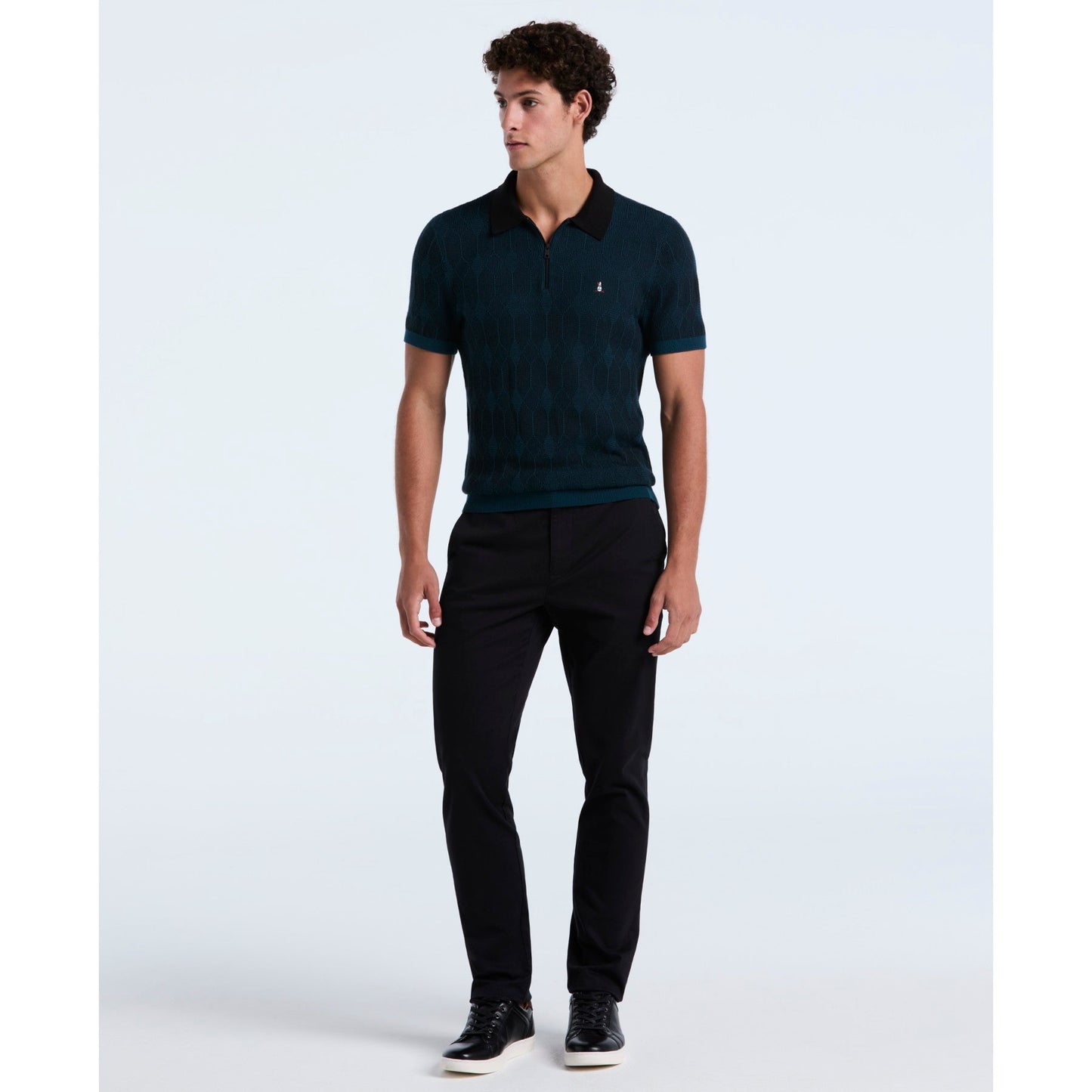 Original Penguin Icons Jacquard Quarter Zip Sweater Polo In Reflecting Pond(Icons Jacquard Quarter Zip Sweater Polo Blue Opgf2513gp 470)