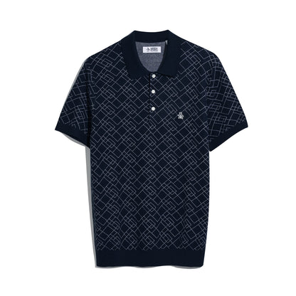 Original Penguin Jaquard Geometric Sweater Polo Shirt In Dark Sapphire(Jaquard Geometric Sweater Polo Shirt Blue Opgm2500gp 413)