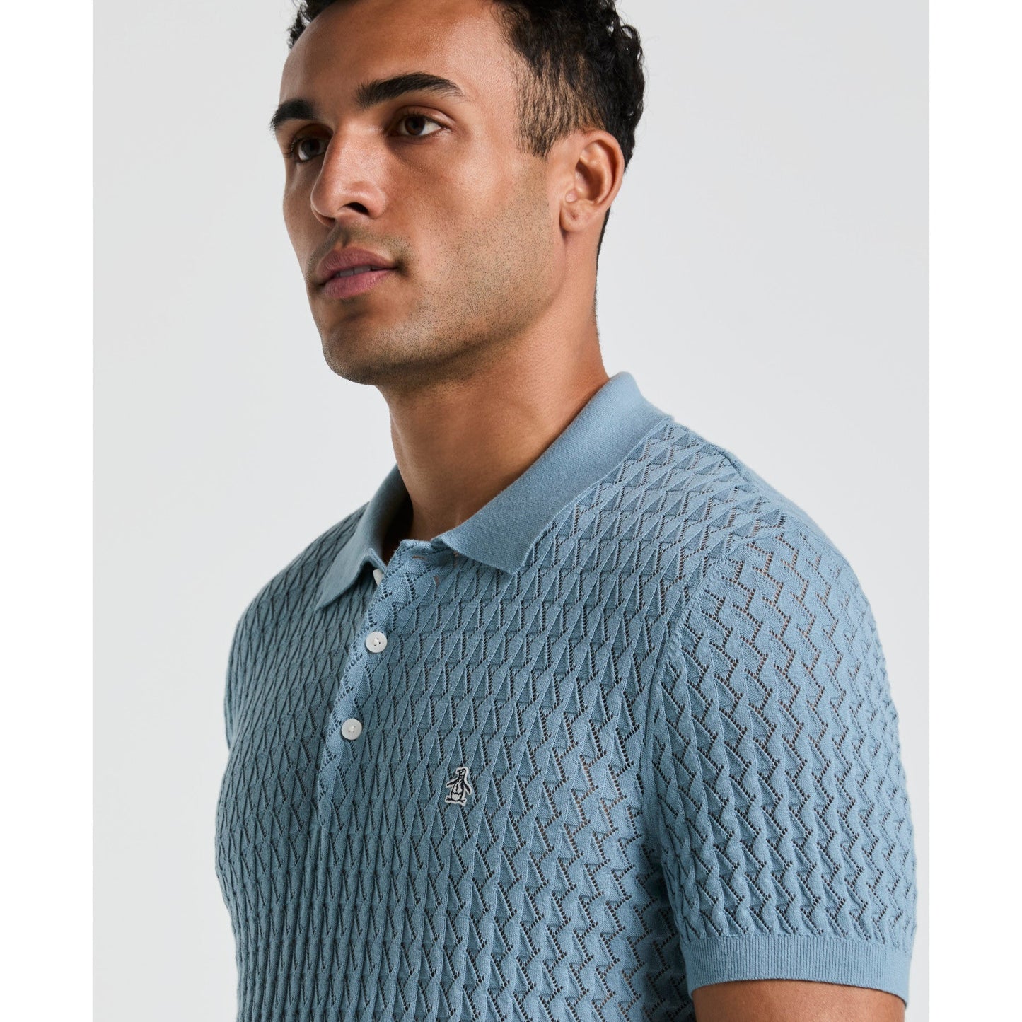 Original Penguin Drop Needle Textured Sweater Polo In Citadel(Drop Needle Textured Sweater Polo Blue Opgm2502gp 499)