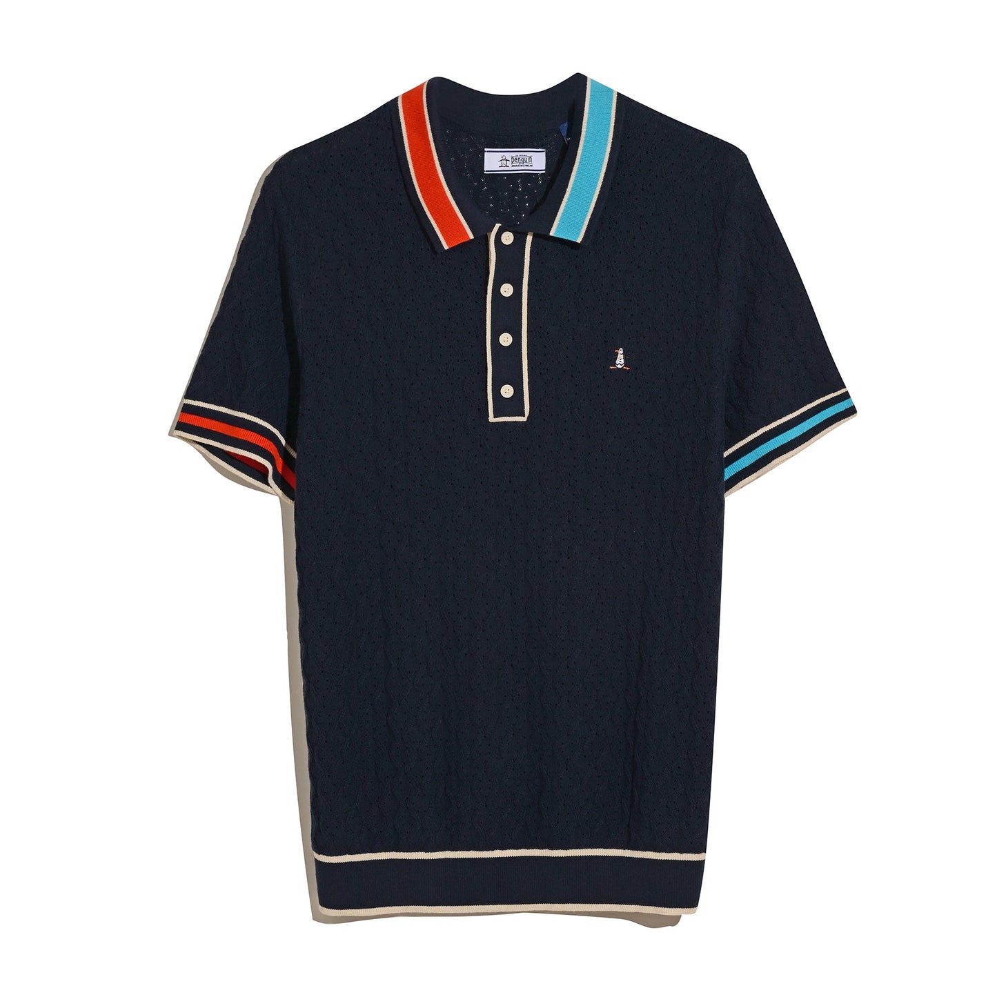 Original Penguin Pointelle Blocked Ribbed Sweater Polo Shirt In Dark Sapphire(Pointelle Blocked Ribbed Sweater Polo Shirt Blue Opgm2506gp 413)