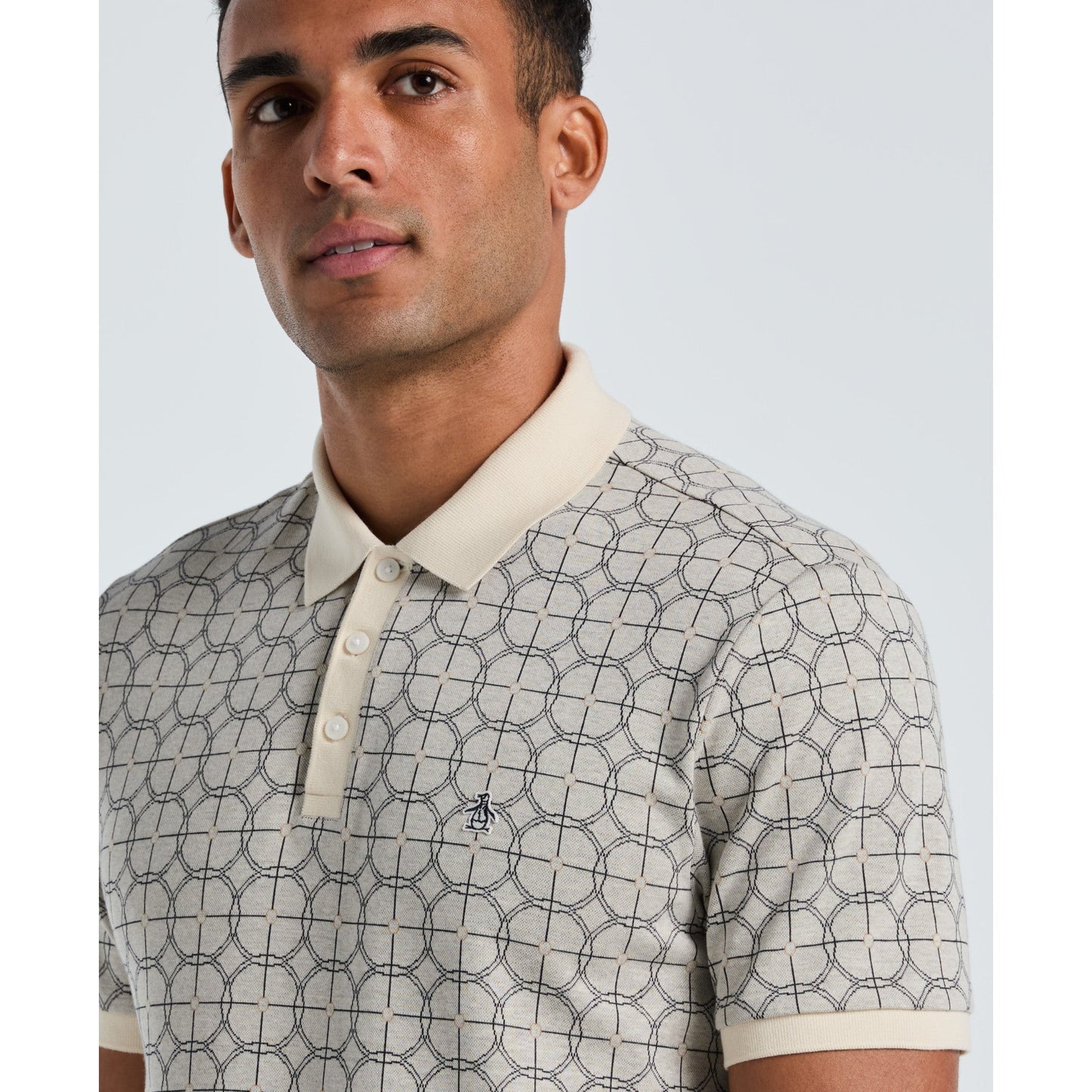 Original Penguin Geometric Jacquard Polo Shirt In Birch(Geometric Jacquard Polo Shirt Beige Opkf2507gp 252)
