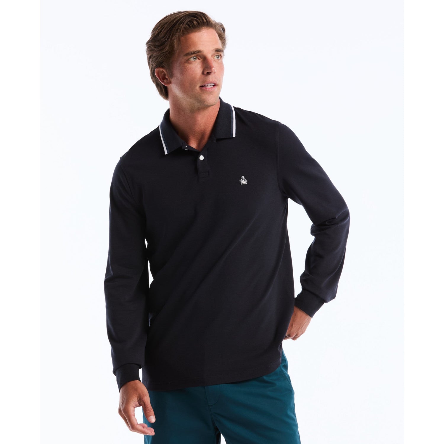 Original Penguin Sticker Pete Tipped Long Sleeve Polo Shirt In Dark Sapphire(Sticker Pete Tipped Long Sleeve Polo Shirt Blue Opkf2522gp 413)