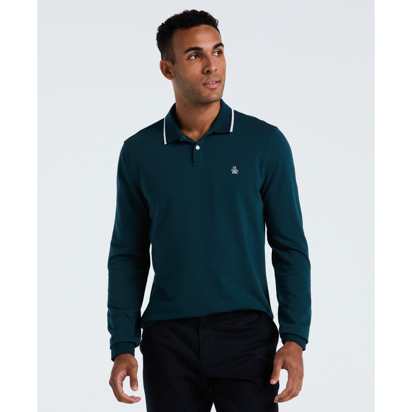 Original Penguin Sticker Pete Tipped Long Sleeve Polo Shirt In Reflecting Pond(Sticker Pete Tipped Long Sleeve Polo Shirt Blue Opkf2522gp 470)