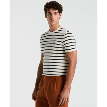 Original Penguin Breton Striped T-Shirt In Birch(Organic Cotton Breton Striped T Shirt Beige Opks3720gp 252)