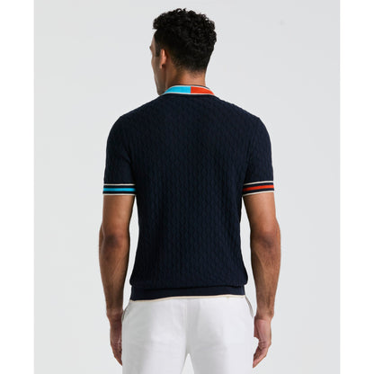 Original Penguin Pointelle Blocked Ribbed Sweater Polo Shirt In Dark Sapphire(Pointelle Blocked Ribbed Sweater Polo Shirt Blue Opgm2506gp 413)