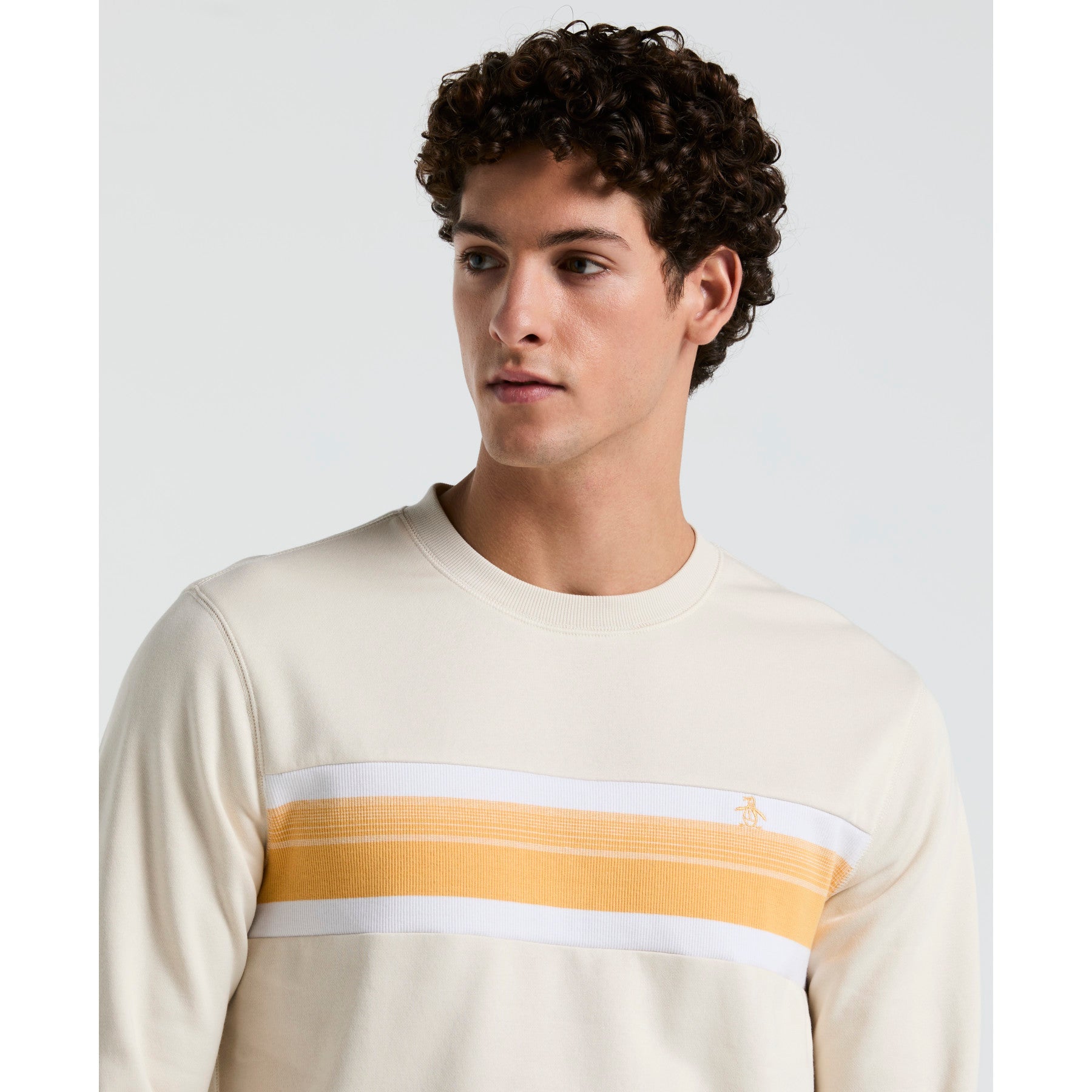 Original Penguin Fleece Chest Stripe Crew Neck Sweatshirt In Birch(Fleece Chest Stripe Crew Neck Sweater Beige Ocks2500gp 252)