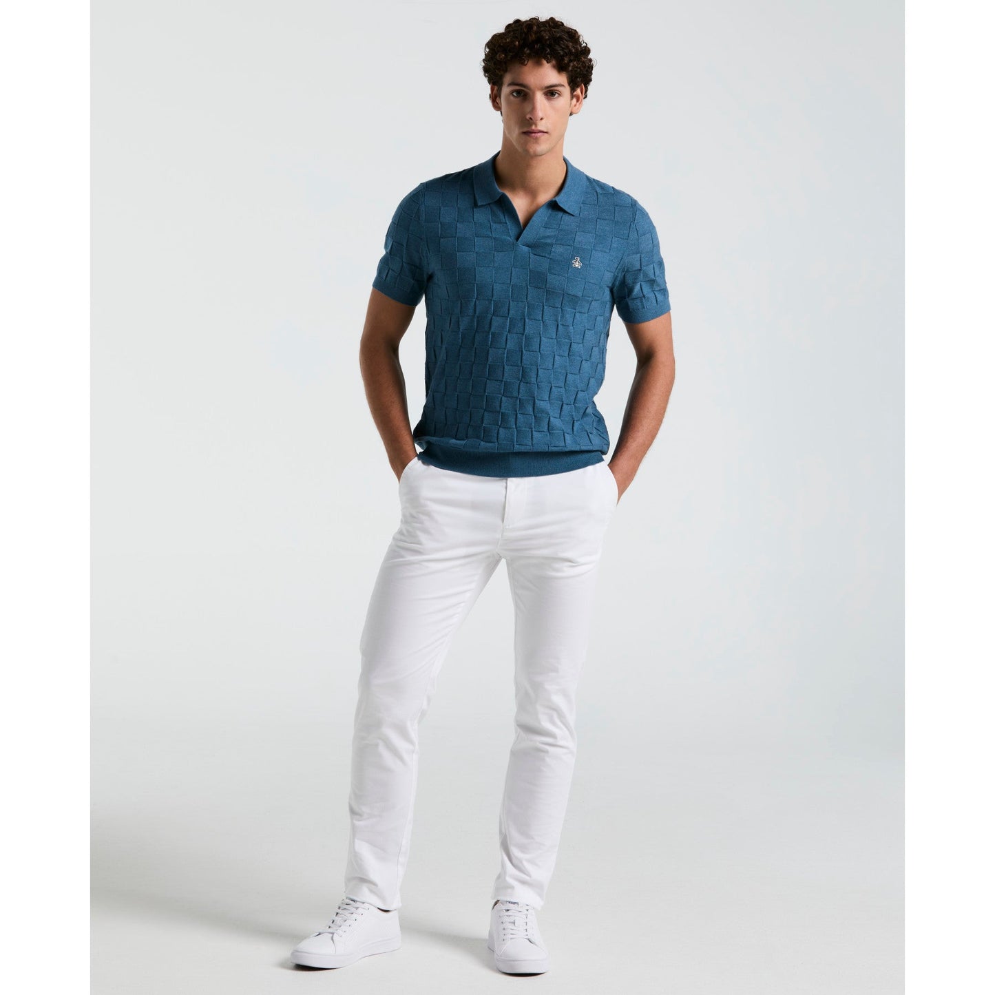 Original Penguin Jacquard Johnny Collar Sweater Polo Shirt In Copen Blue(Jacquard Johnny Collar Short Sleeve Polo Sweater Blue Opgs2403gp 443)