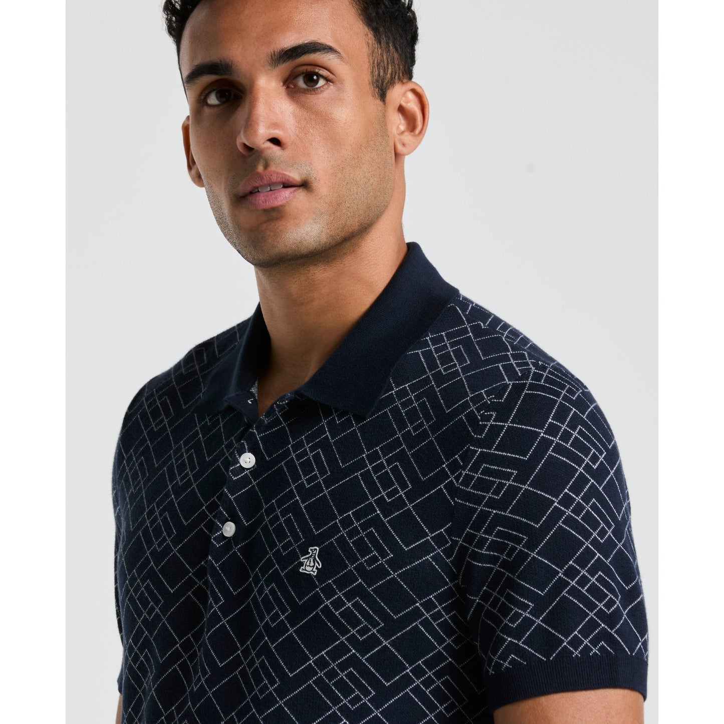 Original Penguin Jaquard Geometric Sweater Polo Shirt In Dark Sapphire(Jaquard Geometric Sweater Polo Shirt Blue Opgm2500gp 413)