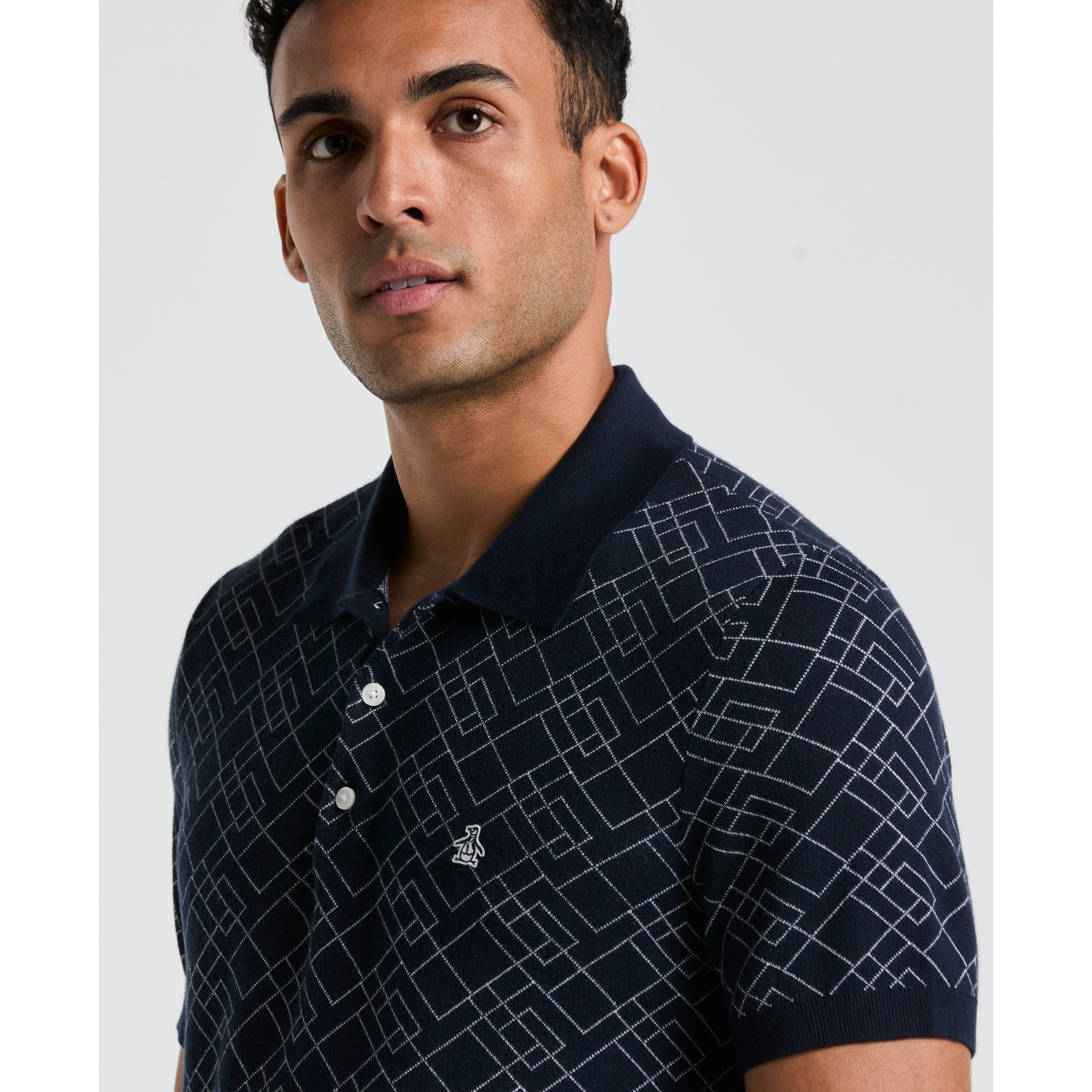 Original Penguin Jaquard Geometric Sweater Polo Shirt In Dark Sapphire(Jaquard Geometric Sweater Polo Shirt Blue Opgm2500gp 413)