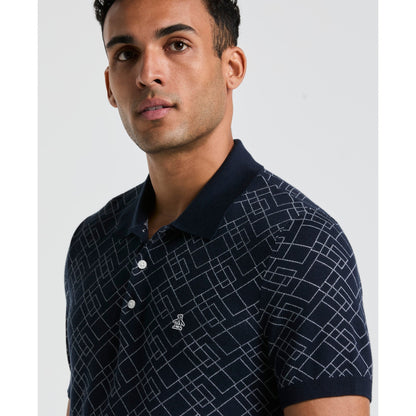 Original Penguin Jaquard Geometric Sweater Polo Shirt In Dark Sapphire(Jaquard Geometric Sweater Polo Shirt Blue Opgm2500gp 413)