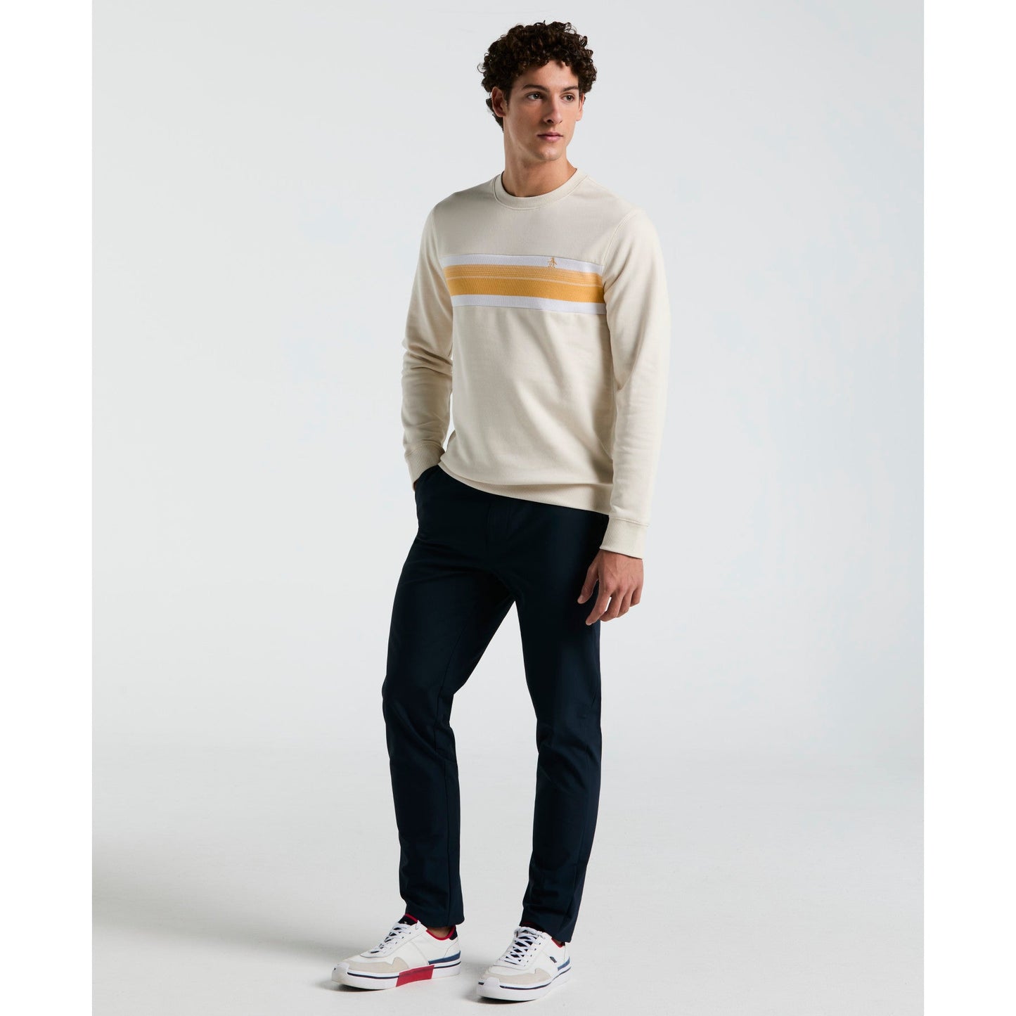 Original Penguin Fleece Chest Stripe Crew Neck Sweatshirt In Birch(Fleece Chest Stripe Crew Neck Sweater Beige Ocks2500gp 252)