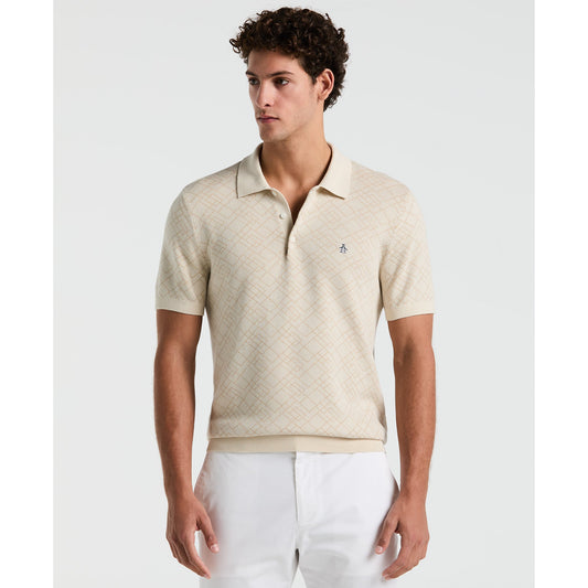 Original Penguin Jaquard Geometric Sweater Polo Shirt In Birch(Jaquard Geometric Sweater Polo Shirt Beige Opgm2500gp 252)