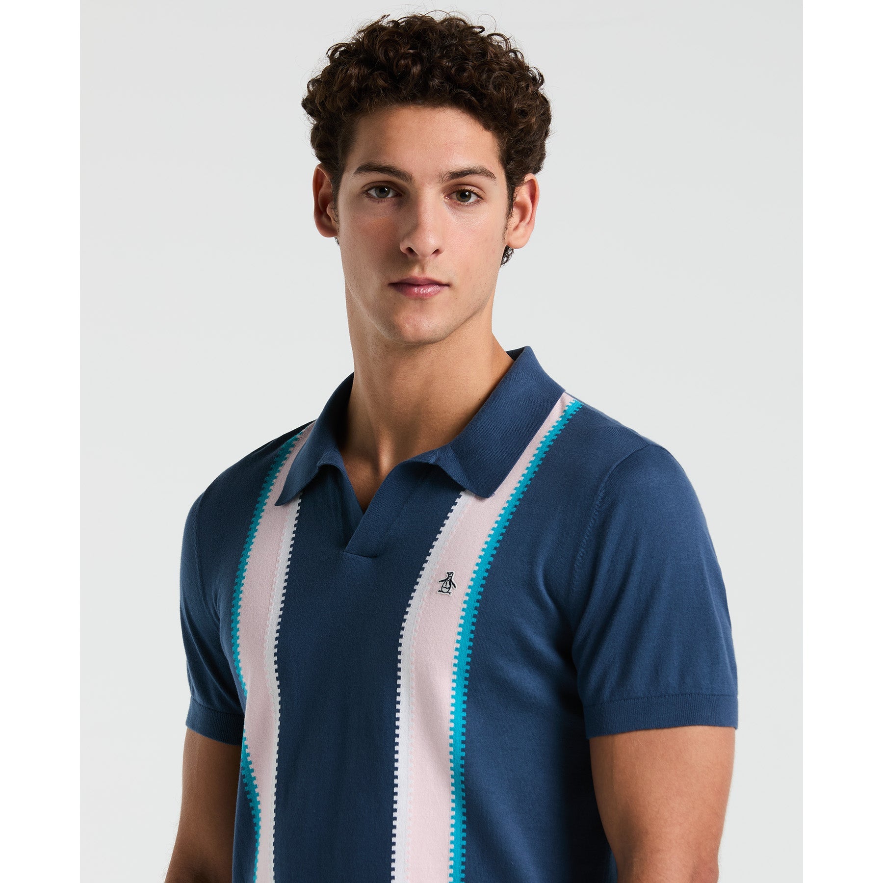 Original Penguin Vertical Stripe Sweater Polo Shirt In Sargasso Sea(Vertical Stripe Sweater Polo Shirt Blue Opgm2505gp 485)