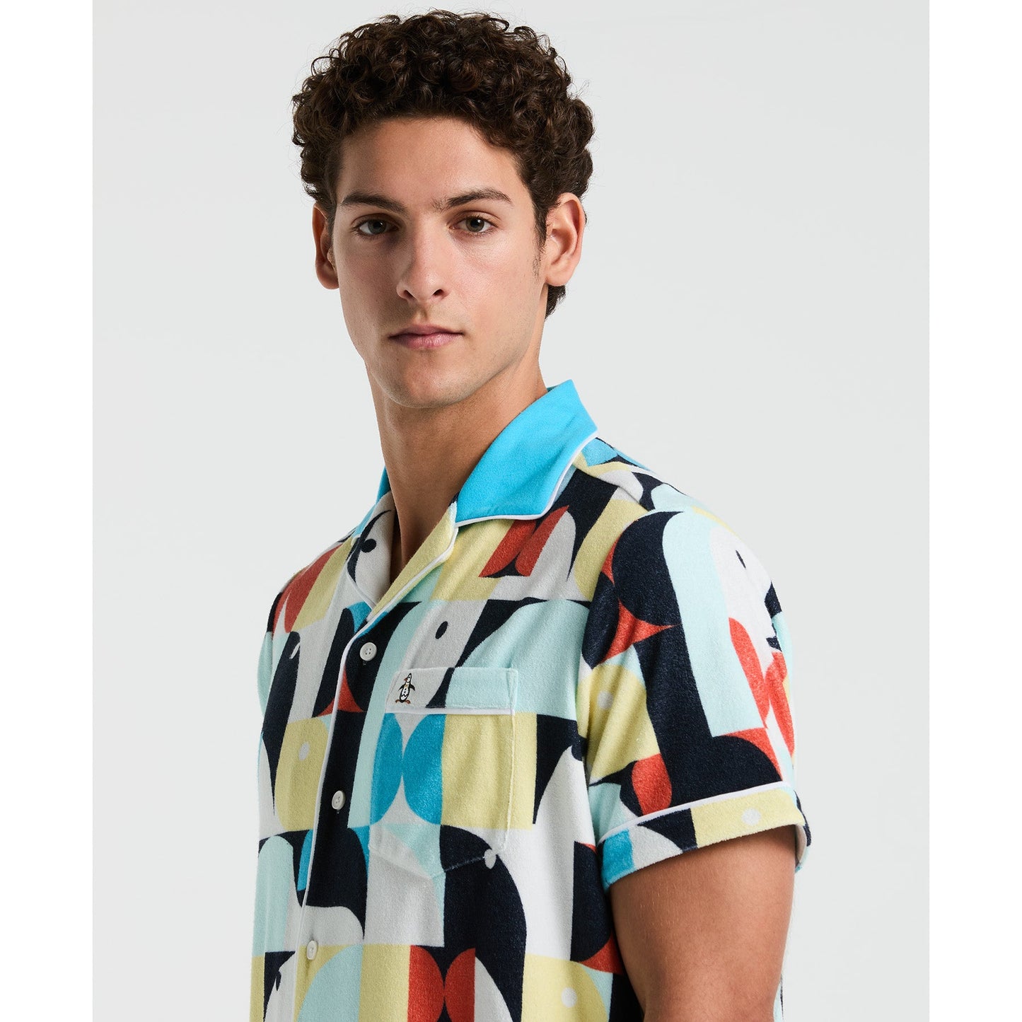 Original Penguin Allover Deco Print Short Sleeve Shirt In Horizon Blue(Allover Deco Print Short Sleeve Shirt Blue Opkm2538gp 429)