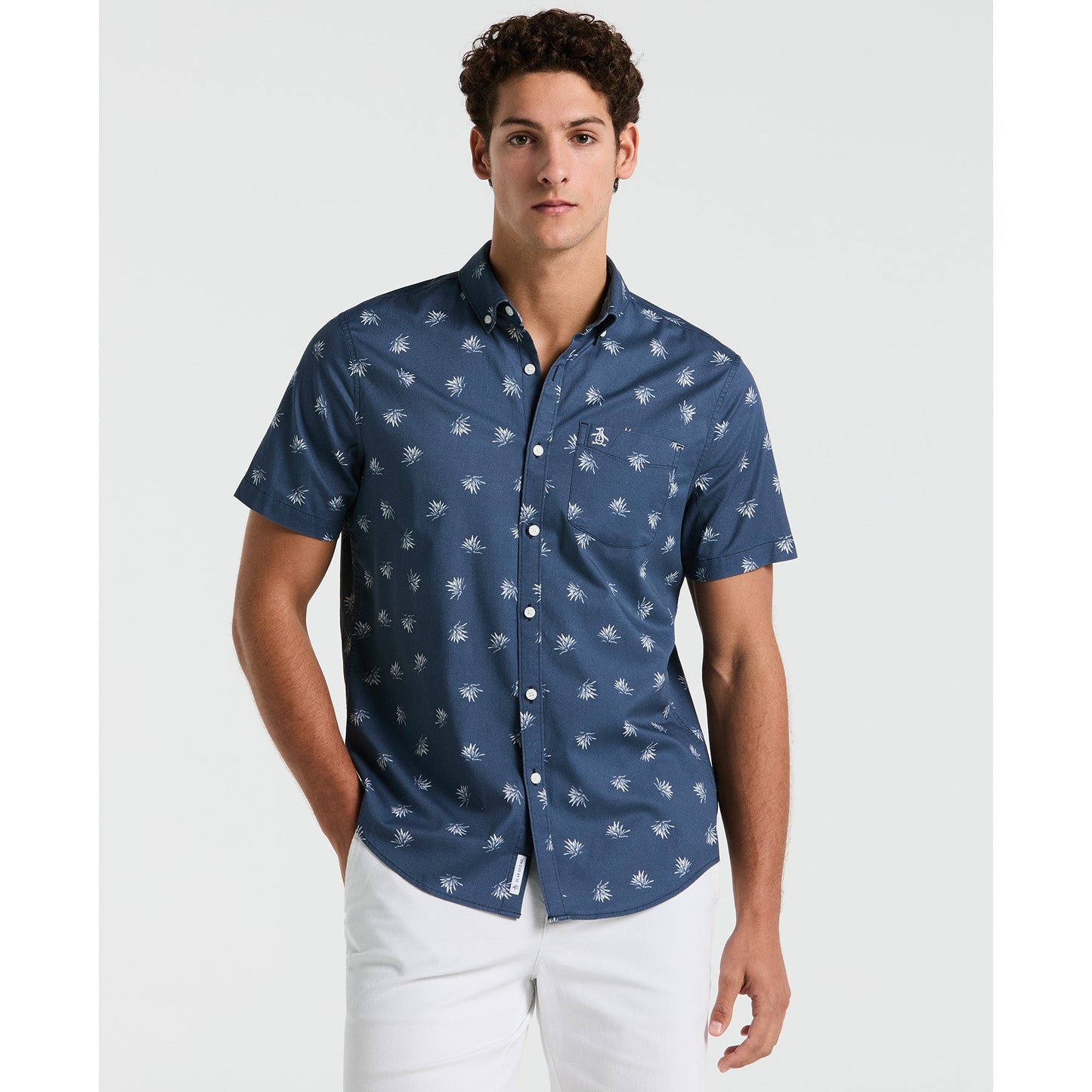 Original Penguin Agave Print Short Sleeve Shirt In Sargasso Sea(Agave Print Short Sleeve Shirt Blue Opwm2517gp 485)