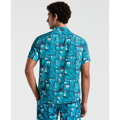 Original Penguin Agave Tile Print Short Sleeve Shirt In Exotic Plume(Agave Tile Print Short Sleeve Shirt Blue Opwm2518gp 495)