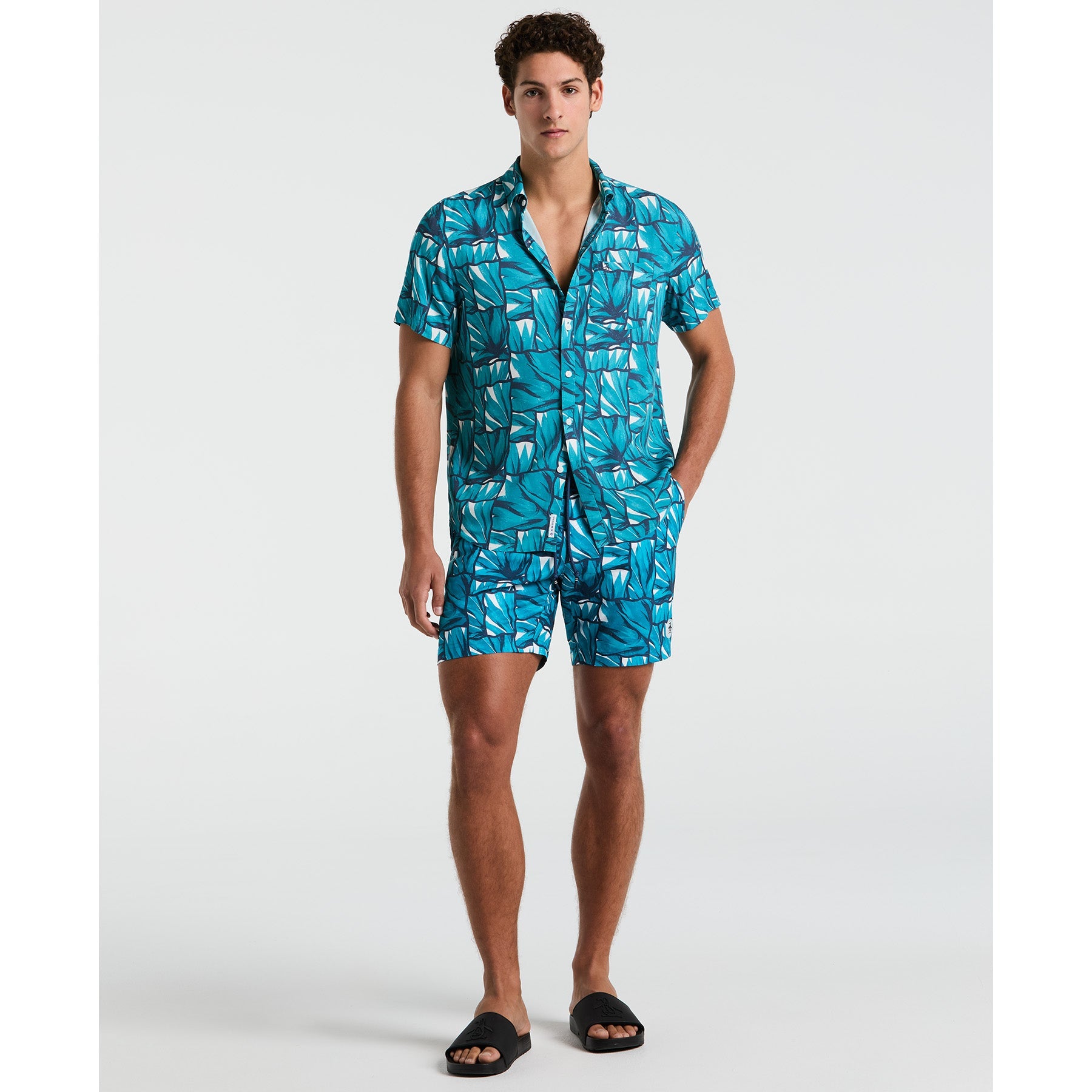 Original Penguin Agave Tile Print Short Sleeve Shirt In Exotic Plume(Agave Tile Print Short Sleeve Shirt Blue Opwm2518gp 495)