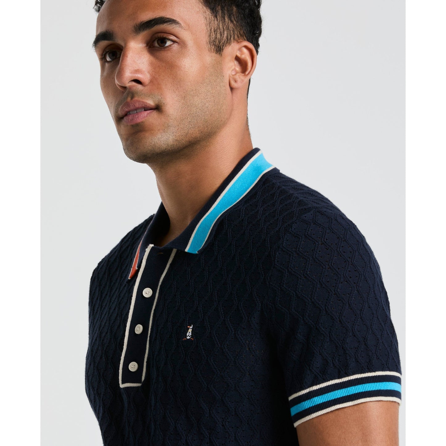 Original Penguin Pointelle Blocked Ribbed Sweater Polo Shirt In Dark Sapphire(Pointelle Blocked Ribbed Sweater Polo Shirt Blue Opgm2506gp 413)