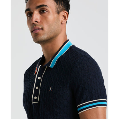 Original Penguin Pointelle Blocked Ribbed Sweater Polo Shirt In Dark Sapphire(Pointelle Blocked Ribbed Sweater Polo Shirt Blue Opgm2506gp 413)