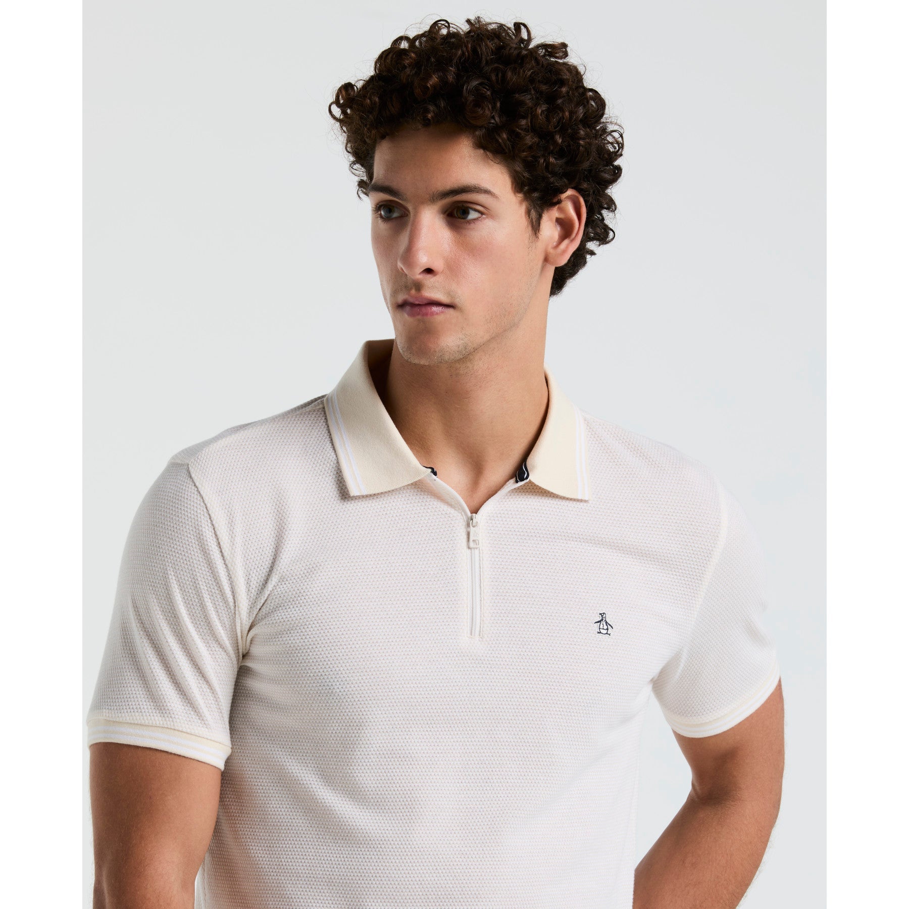 Original Penguin Jacquard Tipped 1/4 Zip Polo Shirt In Birch(Jacquard Tipped 14 Zip Polo Beige Opks2530gp 252)